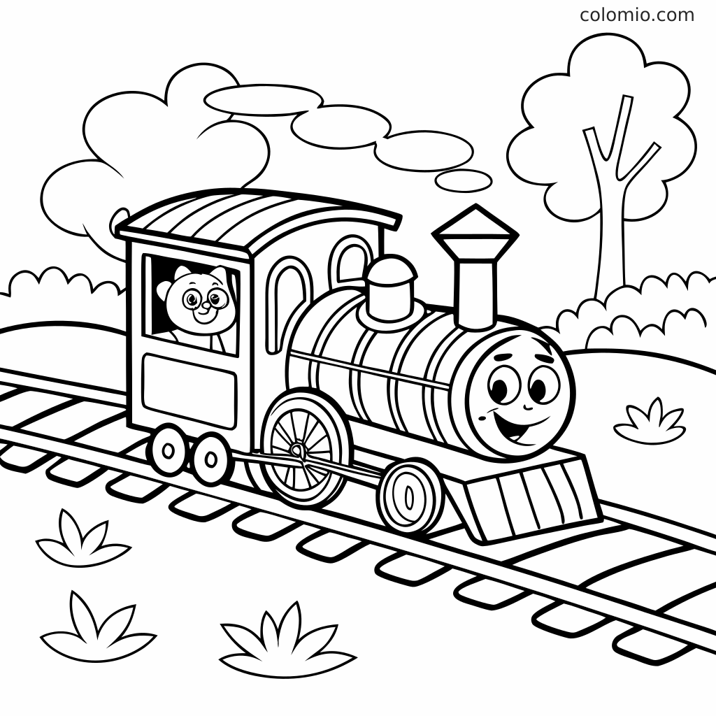 Eine Dampflok mit lächelndem Gesicht fährt auf Eisenbahnschienen, mit einem Bären im Führerstand sowie Bäumen und Wolken darum herum.