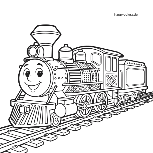 Eine detaillierte Dampflok im Comicstil mit lächelndem Gesicht, Tender und verziertem Kessel fährt auf Eisenbahnschienen.