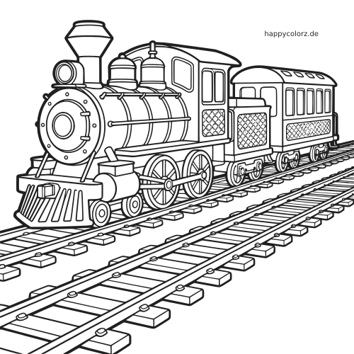 Eine detaillierte Dampflokomotive mit einem Personenwagen auf Eisenbahnschienen, als klare schwarz-weiße Linienzeichnung.