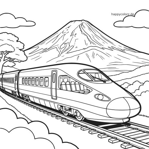 Ein detaillierter Shinkansen fährt auf Gleisen vor dem Fuji, mit Wolken, Bäumen und Hügellandschaft im Hintergrund.