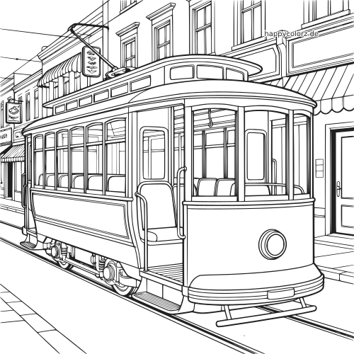 Eine detaillierte alte Straßenbahn fährt auf Schienen an Geschäften und hohen Häusern entlang einer Stadtstraße vorbei.