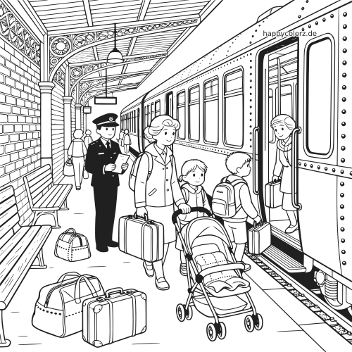 Detailreiche Schwarz-Weiß-Szene an einem Bahnhof mit Zug, Schaffner, Reisenden, Kindern, Kinderwagen und Gepäck am Bahnsteig.