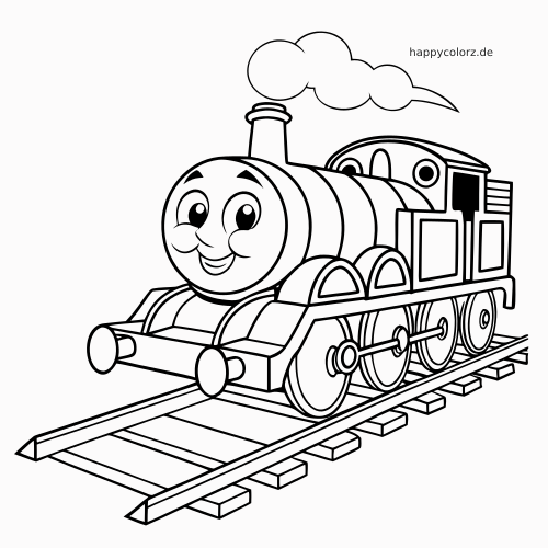 Eine einfache Dampflokomotive im Comicstil mit lächelndem Gesicht, Rauchwolke und Schienen darunter.