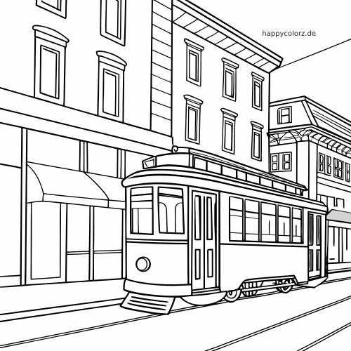 Eine einfache Straßenbahn fährt auf einer Stadtstraße an Geschäften und hohen Gebäuden vorbei, in klaren kräftigen Umrissen.