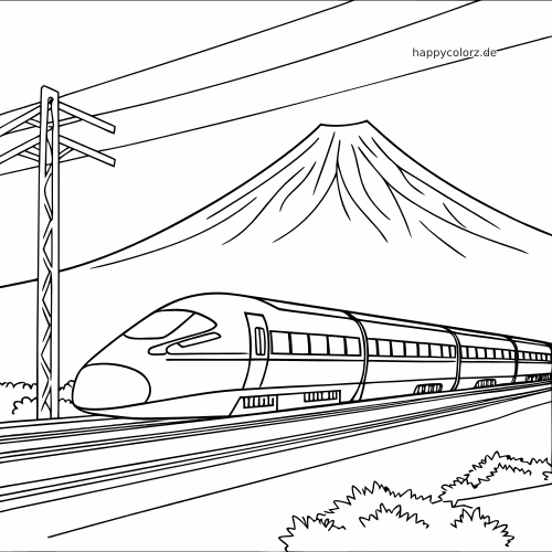 Ein Shinkansen in Seitenansicht fährt auf langen Gleisen vor dem Fuji, mit Oberleitungen und einfacher Landschaft.