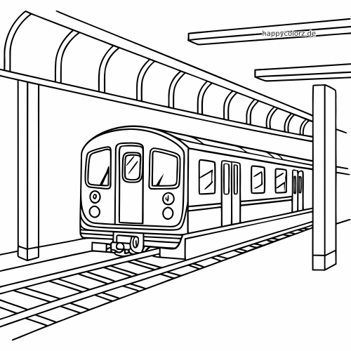 Einfache Linienzeichnung eines U-Bahn-Zugs an einem unterirdischen Bahnsteig, in Perspektive mit Gleisen und Stützpfeilern.