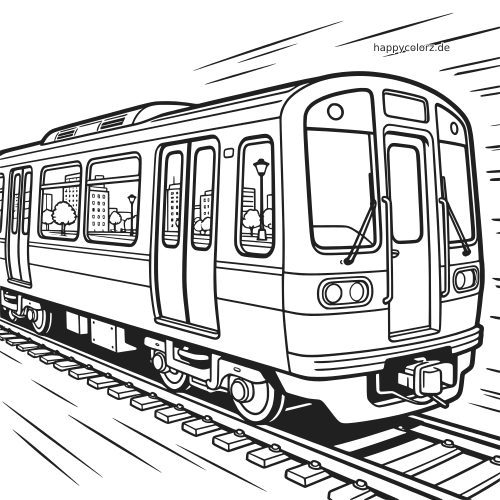 Ein U-Bahn-Zug in Seitenansicht auf Schienen, mit Fenstern, in denen Gebäude, Bäume und Straßenlaternen zu sehen sind.