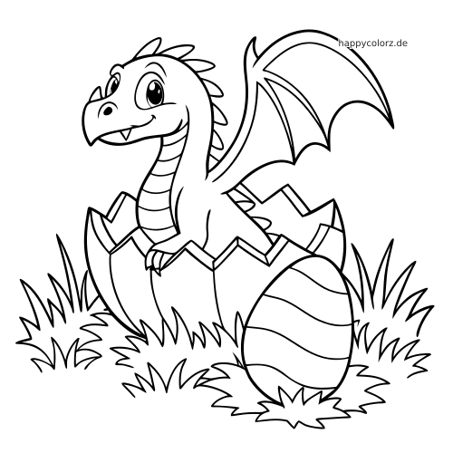 Ein Babydrache mit langem Hals und großen Flügeln schlüpft aus einem aufgebrochenen Ei im Gras.