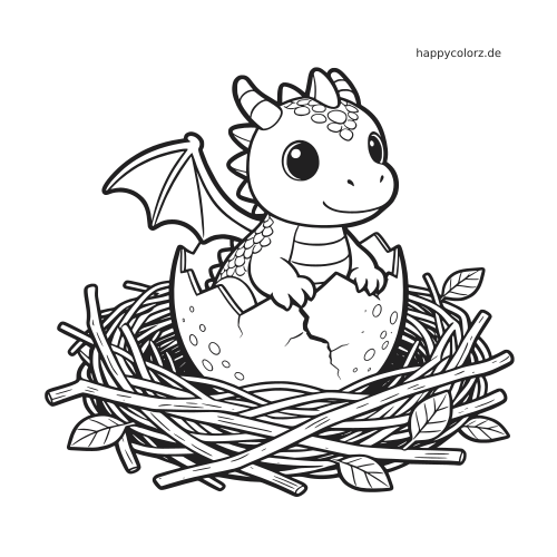 Ein Babydrache mit großen Augen schlüpft aus einem aufgebrochenen Ei und sitzt in einem Nest aus Zweigen mit Blättern.