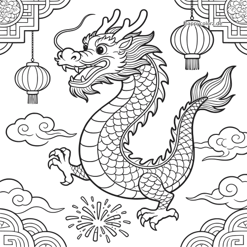 Ein chinesischer Drache in einer Festszene, umgeben von hängenden Laternen, Wolken und einem kleinen Feuerwerk.