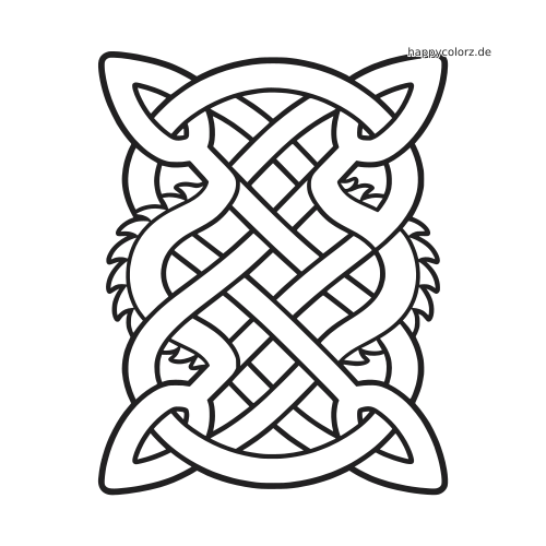 Schwarz-weißer Drache als symmetrisches, senkrechtes Ornament aus einem verschlungenen keltischen Knotenmuster.