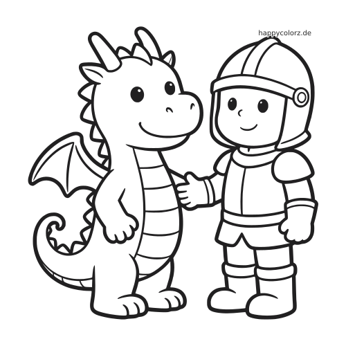 Ein freundlicher Drache und ein lächelnder Ritter stehen nebeneinander und geben sich die Hand in einer einfachen Schwarz-Weiß-Zeichnung.