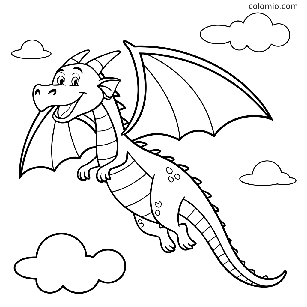 Ein lächelnder Drache mit großen Flügeln, Hörnern und langem Schwanz fliegt am Himmel zwischen mehreren Wolken.