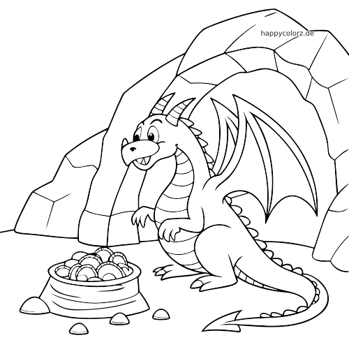 Ein lächelnder geflügelter Drache steht vor einer felsigen Höhle neben einem Topf voller Gold in einer einfachen Linienzeichnung.