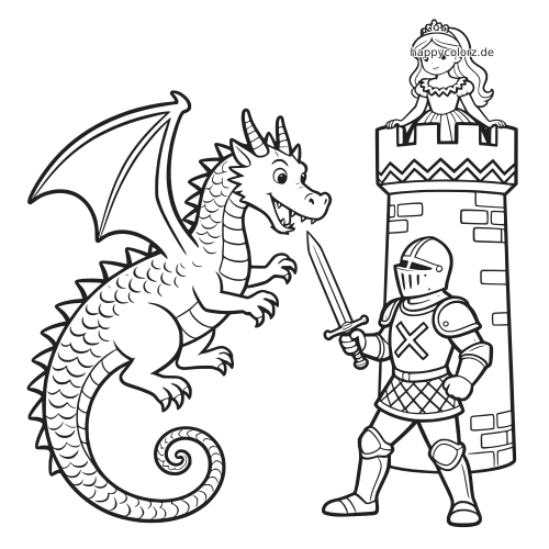 Ein Comic-Drache steht einem Ritter mit Schwert gegenüber, während eine Prinzessin oben auf einem Burgturm zusieht.