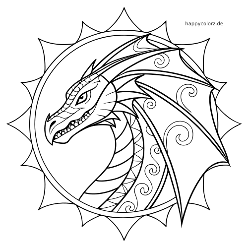 Drachenkopf und Hals in einem runden Mandala-Rahmen, mit großen Flügeln und Spiralornamenten in einer klaren Porträtansicht.