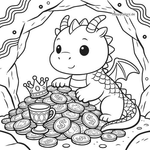 Ein Babydrache sitzt in einer Höhle auf einem Haufen Goldmünzen neben einer Krone und einem Kelch, im einfachen Comicstil gezeichnet.