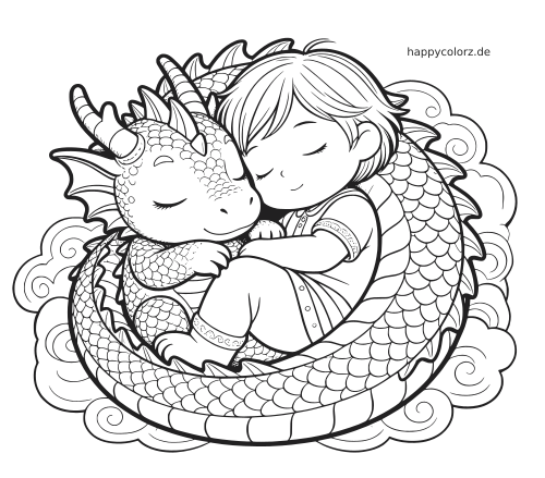 Schwarz-weiße Zeichnung eines schlafenden Kindes, das einen eingerollten Babydrachen mit Schuppen inmitten von Wolken umarmt.