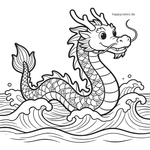 Ein detailreicher asiatischer Wasserdrache ragt aus den Meereswellen, mit Geweih, langen Bartfäden und gemusterten Schuppen.
