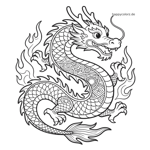 Ein detailreicher Drache mit geschupptem Körper und Mandala-Mustern, umgeben von geschwungenen Flammen als Linienzeichnung.