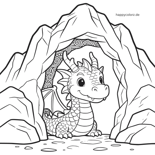 Ein kleiner Drache mit großen Augen schaut aus dem Eingang einer Berghöhle in einer schwarz-weißen Linienzeichnung heraus.