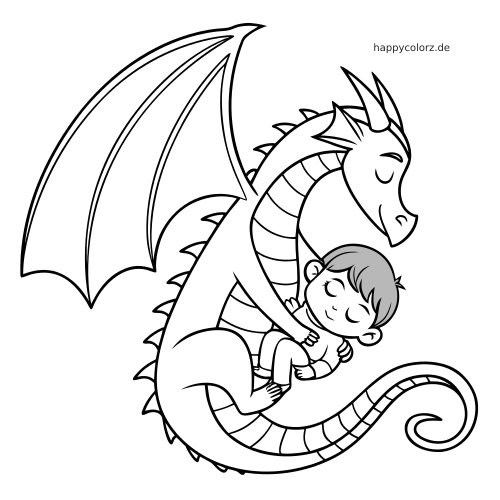 Einfache Strichzeichnung eines schlafenden Kindes, das von einem eingerollten Drachen mit großem Flügel und spiraligem Schwanz gehalten wird.