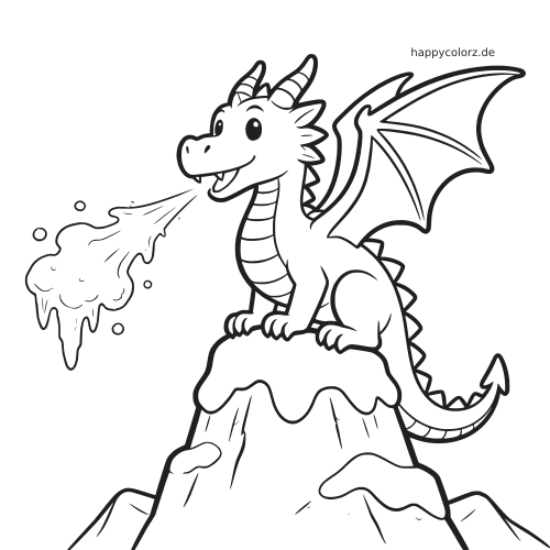 Ein Eisdrache im Comicstil sitzt auf einem schneebedeckten Berggipfel und stößt eine frostige Wolke aus.