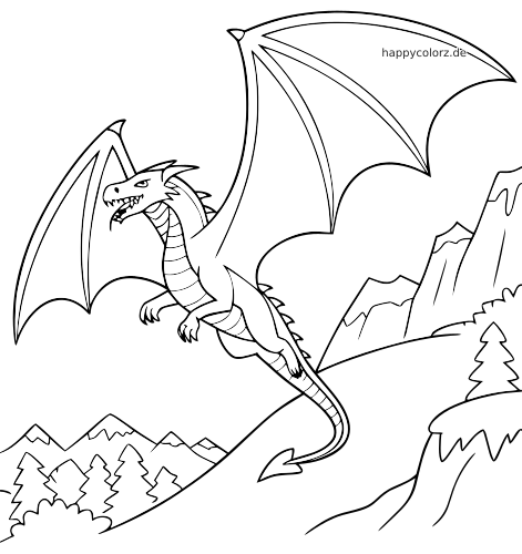 Ein Eisdrache mit ausgebreiteten Flügeln fliegt über schneebedeckte Berge, vereiste Felsen und Tannen in einer Fantasieszene.