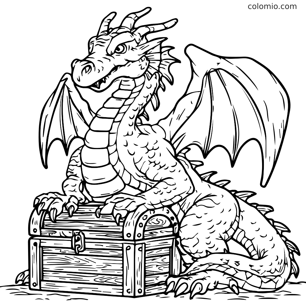 Eine detaillierte Ausmalseite mit einem majestätischen Drachen, der auf einer Schatzkiste sitzt und darauf wartet, ausgemalt zu werden.