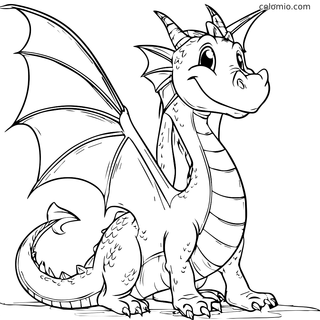 Niedliche Drachen-Ausmalbild zum Ausdrucken für Kinder Ein freundlicher Cartoon-Drache mit Flügeln, der lächelt und bereit ist, ausgemalt zu werden. Perfekt für Malaktivitäten mit Kindern.