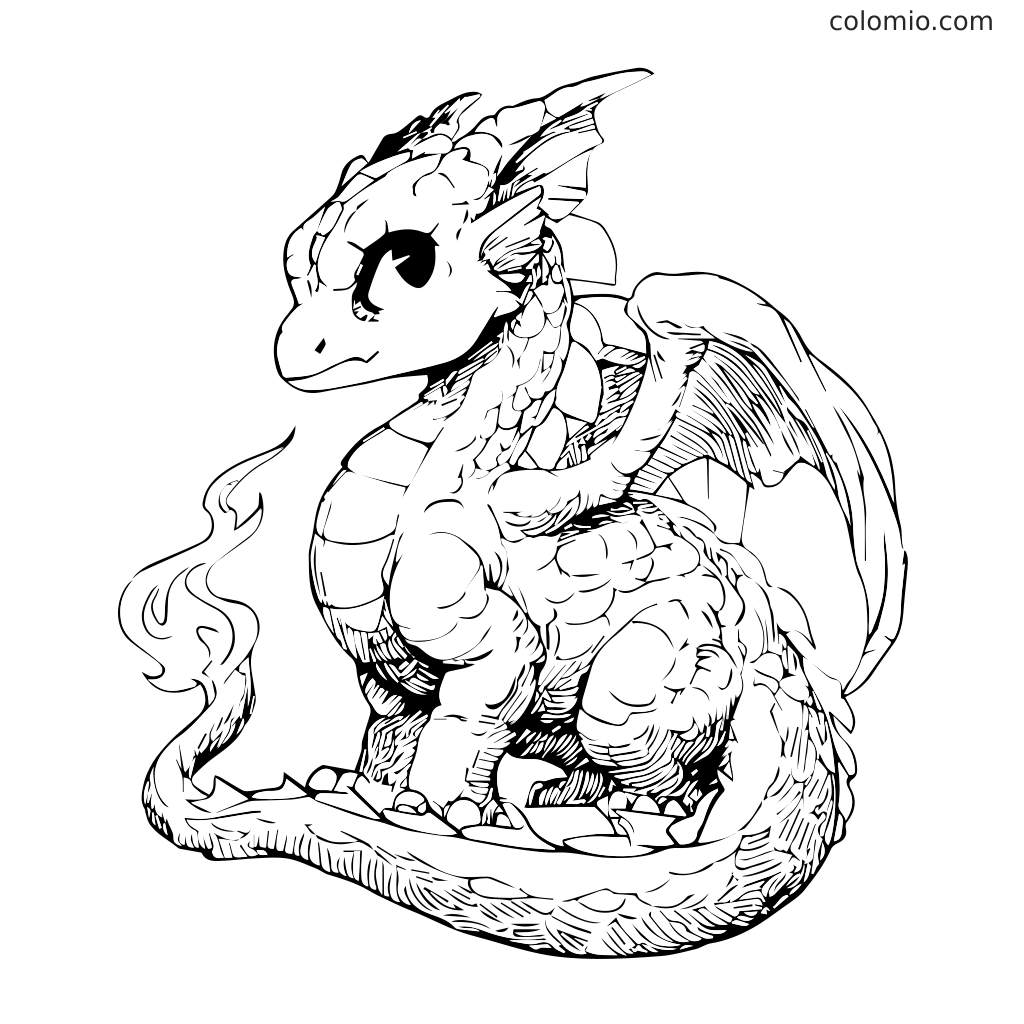 Ein niedlicher Drache mit großen Augen und kleinen Flügeln, umgeben von Rauch, bereit zum Ausmalen.