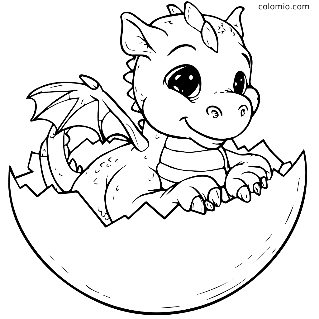 Niedlicher Babydrache schlüpft aus dem Ei Malvorlage Ein niedlicher Babydrache schlüpft aus einem Ei, perfekt für Malaktivitäten.