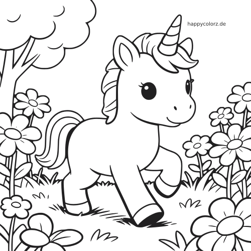 Ein Baby-Einhorn läuft mit großen Augen in einfachem Comicstil durch einen Garten mit vielen Blumen und einem Baum.