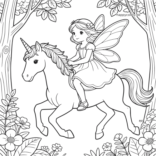 Eine detaillierte Fee mit großen Flügeln reitet auf einem Einhorn durch den Wald, umgeben von Bäumen und Blumen.