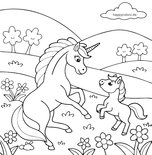Eine Einhornmutter und ihr Fohlen stehen sich auf sanften Hügeln in einer Wiese mit Blumen und kleinen Bäumen gegenüber.