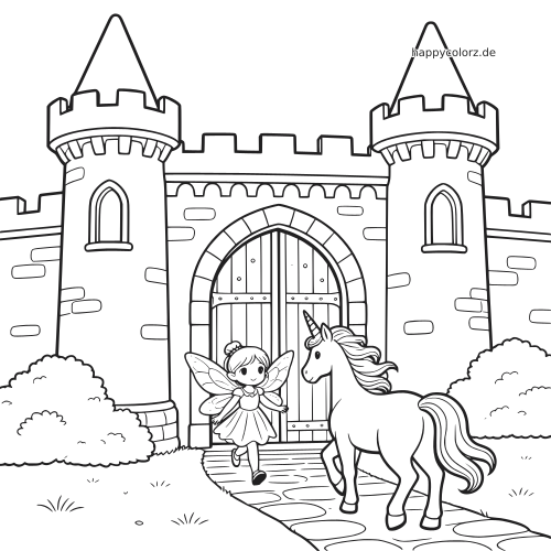 Eine Fee und ein Einhorn stehen vor dem großen Tor einer Burg, gezeichnet als einfaches Cartoon-Linienbild zum Ausmalen.