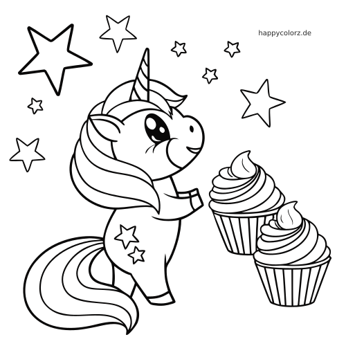 Ein Chibi-Einhorn mit großen Augen steht neben zwei Cupcakes, umgeben von mehreren großen und kleinen Sternen.