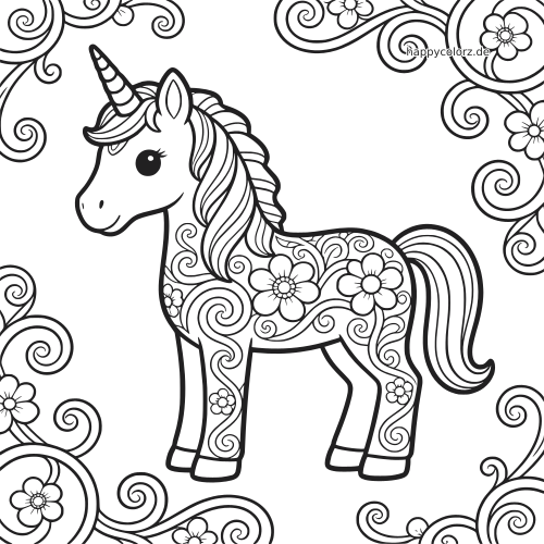 Ein Einhorn mit gestreiftem Horn, fließender Mähne und Blumen sowie geschwungenen Ranken auf dem Körper.