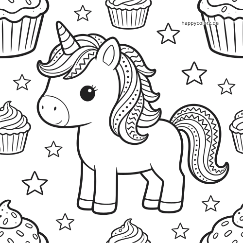 Ein Einhorn mit gemusterter Mähne und Schweif steht zwischen Cupcakes und Sternen in einer einfachen schwarz-weißen Zeichnung.