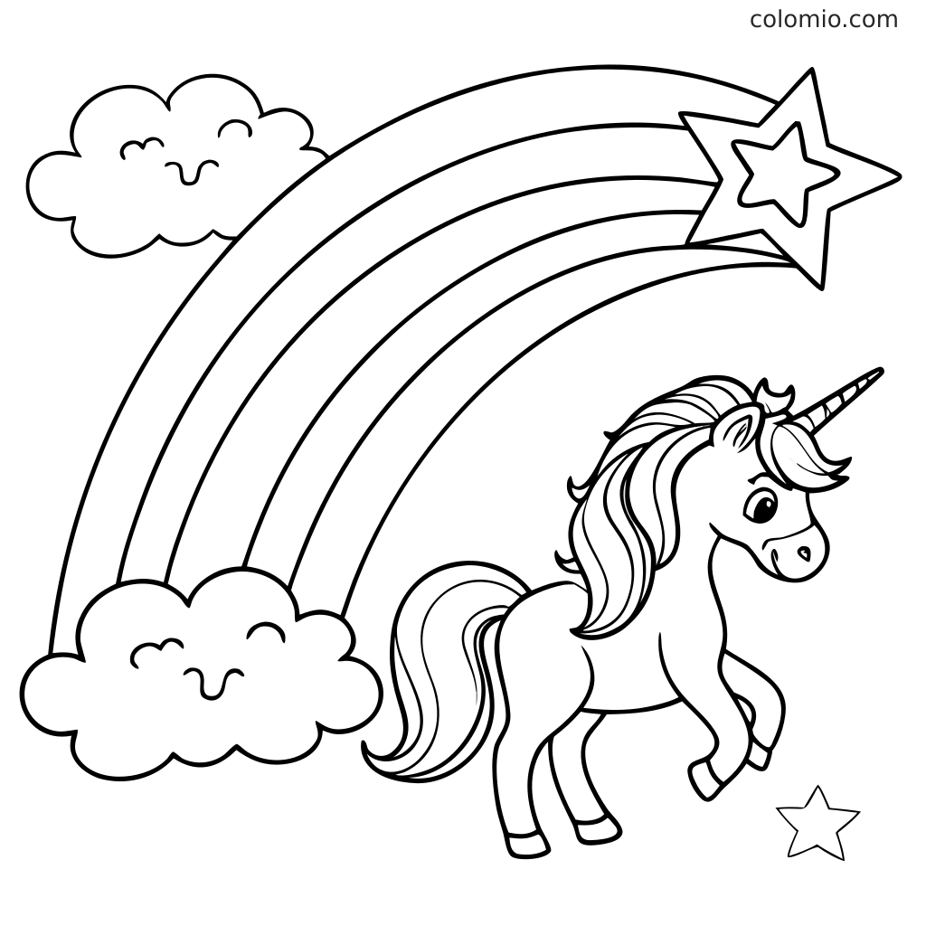 Eine Einhorn-Malseite mit einem Einhorn unter einem großen Regenbogen, umgeben von lächelnden Wolken und Sternen.