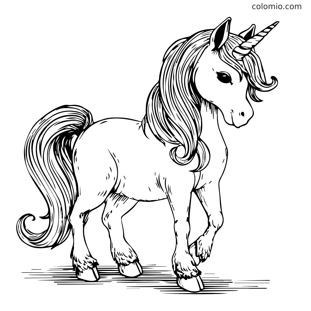 Adorable Einhorn Malvorlage für Kinder Ein süßes Einhorn mit einer fließenden Mähne und einem spiralförmigen Horn, perfekt zum Ausmalen.