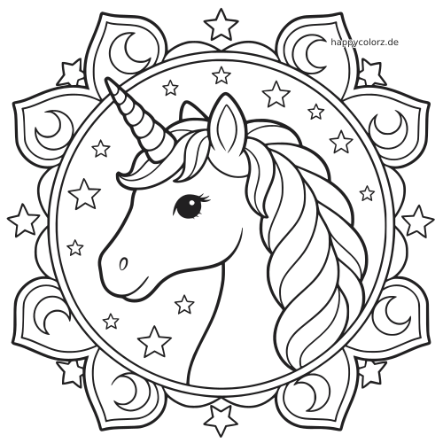Ein Einhornkopf in einem runden Mandala mit Sternen und Mondsicheln, gezeichnet mit kräftigen schwarzen Umrissen.