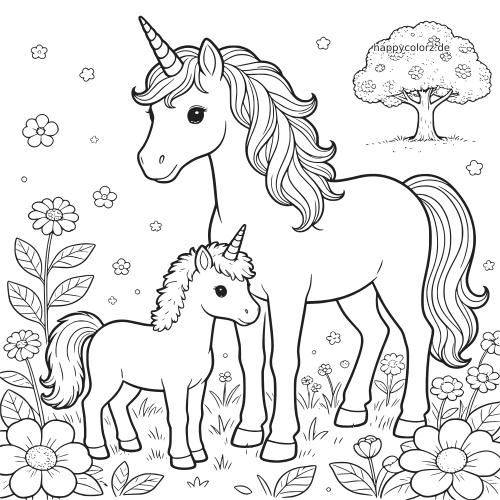 Eine Einhornmutter steht neben ihrem kleinen Einhornfohlen auf einer Wiese mit vielen Blumen und einem Baum im Hintergrund.