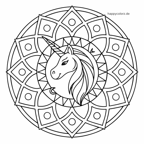 Ein Einhornkopf in der Mitte eines geometrischen Mandalas mit Blütenblättern, Kreisen und klaren schwarzen Umrisslinien.