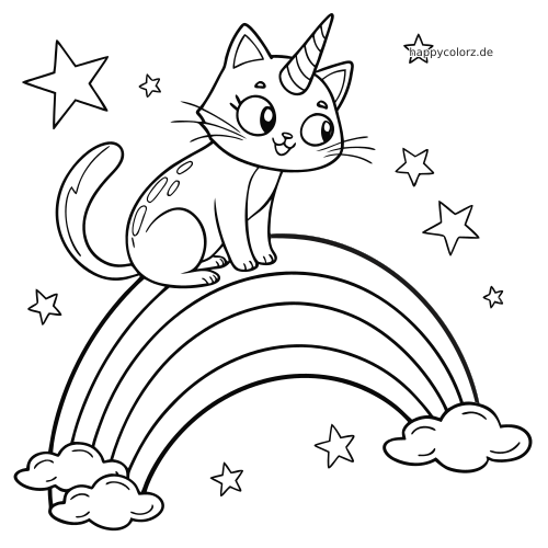 Ein Katzen-Einhorn mit großem Horn und großen Augen sitzt auf einem Regenbogen zwischen Wolken und Sternen.