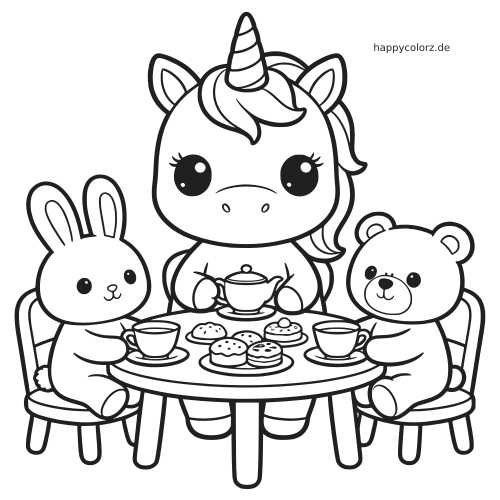 Ein Kawaii-Einhorn sitzt mit einem Hasen und einem Teddybären am Tisch bei einem Teekränzchen mit Tassen und Gebäck.
