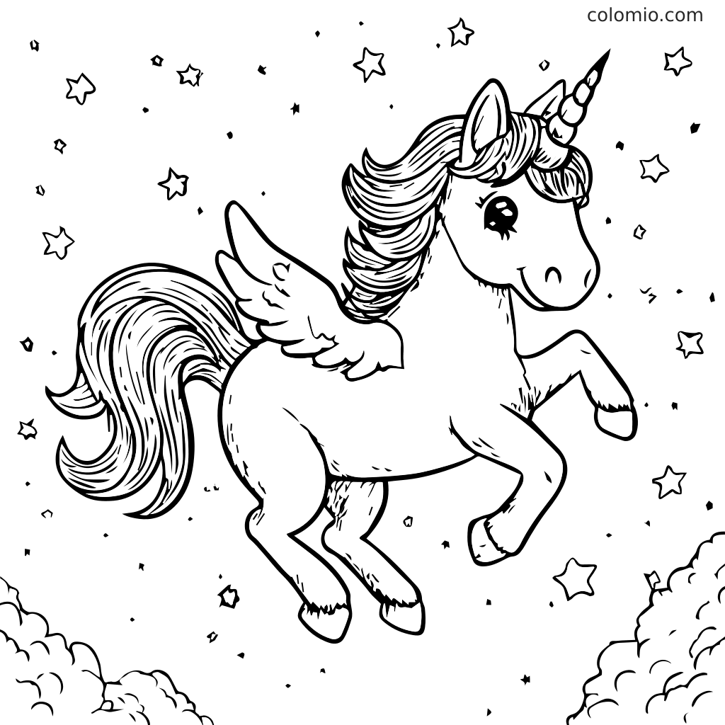 Ein fantasievolles Einhorn mit Flügeln, das durch einen sternenklaren Himmel fliegt, perfekt zum Ausmalen.