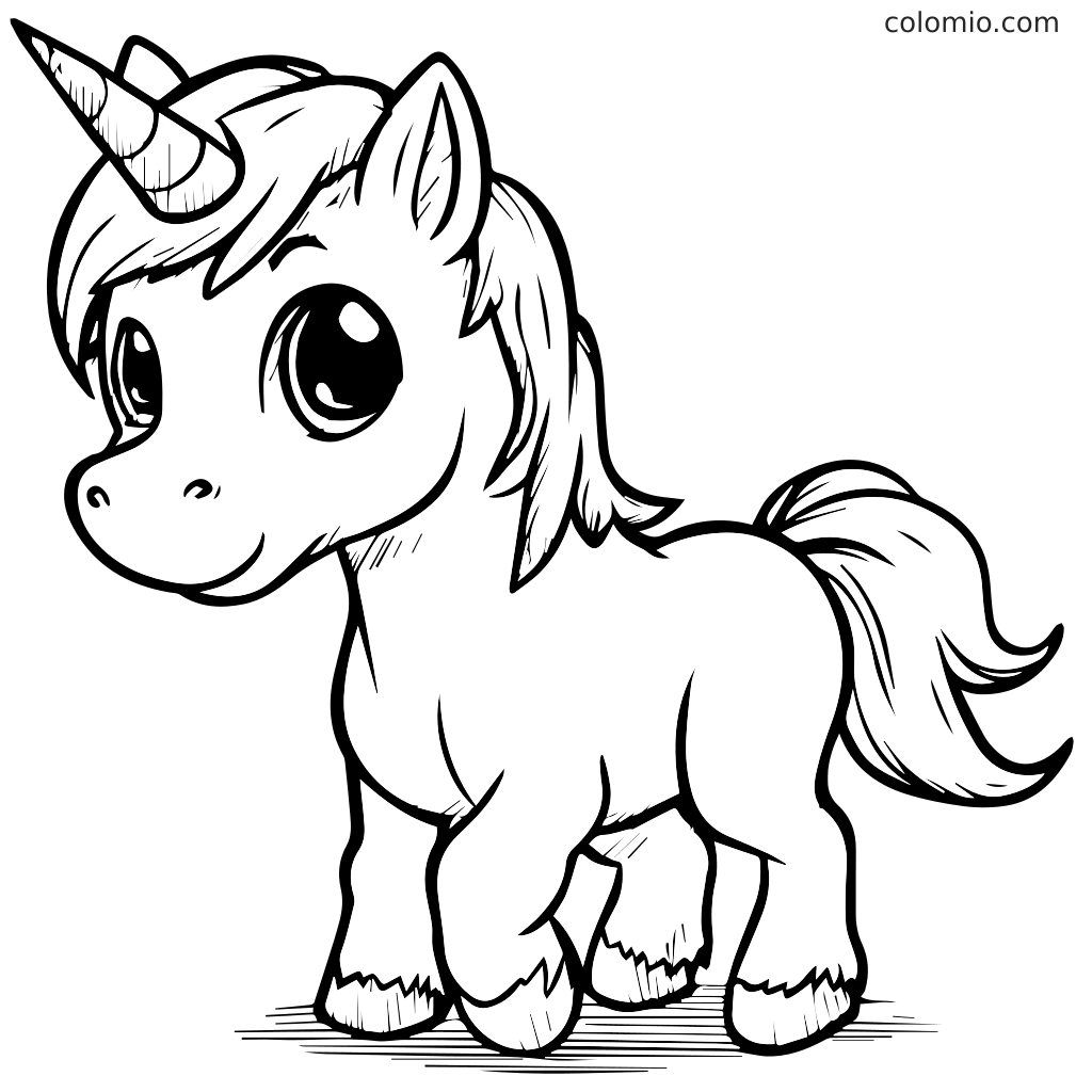 Niedliche Einhorn-Ausmalbild zum Ausdrucken für Kinder Ein niedliches Einhorn mit großen Augen und einem Horn, bereit zum Ausmalen.