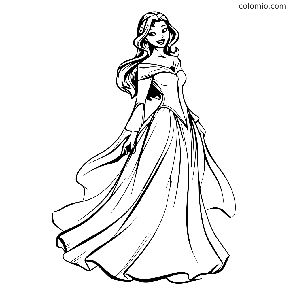 Eine Linienzeichnung einer eleganten Prinzessin in einem fließenden Kleid, perfekt zum Ausmalen.