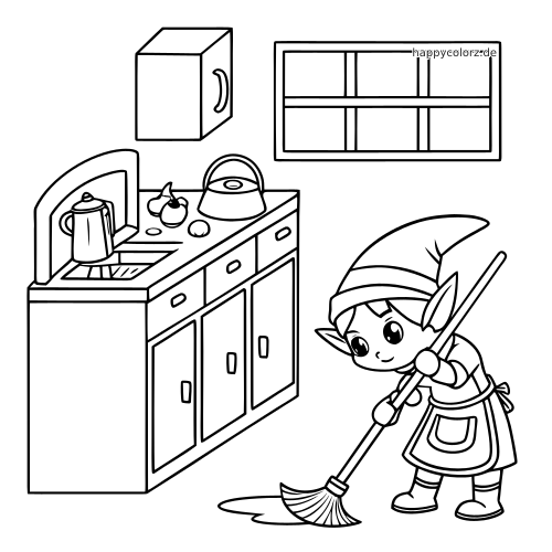 Ein Hauself wischt nachts den Küchenboden. Daneben sind Spüle, Wasserkocher, Schränke und ein Fenster zu sehen.